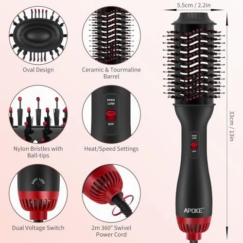 Dual Voltage Hair Dryer Brush with UK Plug Blow Dryer Brush for European Travel 110V-120V/220V-240V One Step Hot Air Brush and Styler Volumizer with Negative Ion Anti-frizz (Black red)