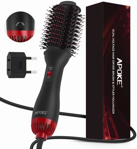 Dual Voltage Hair Dryer Brush with UK Plug Blow Dryer Brush for European Travel 110V-120V/220V-240V One Step Hot Air Brush and Styler Volumizer with Negative Ion Anti-frizz (Black red)