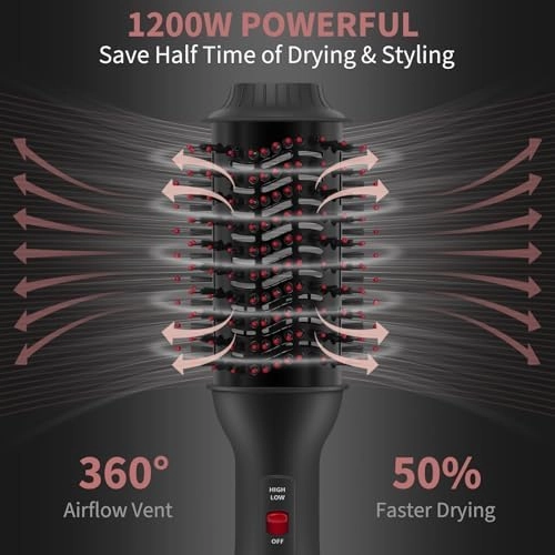 Dual Voltage Hair Dryer Brush with UK Plug Blow Dryer Brush for European Travel 110V-120V/220V-240V One Step Hot Air Brush and Styler Volumizer with Negative Ion Anti-frizz (Black red)