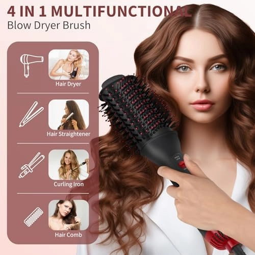Dual Voltage Hair Dryer Brush with UK Plug Blow Dryer Brush for European Travel 110V-120V/220V-240V One Step Hot Air Brush and Styler Volumizer with Negative Ion Anti-frizz (Black red)