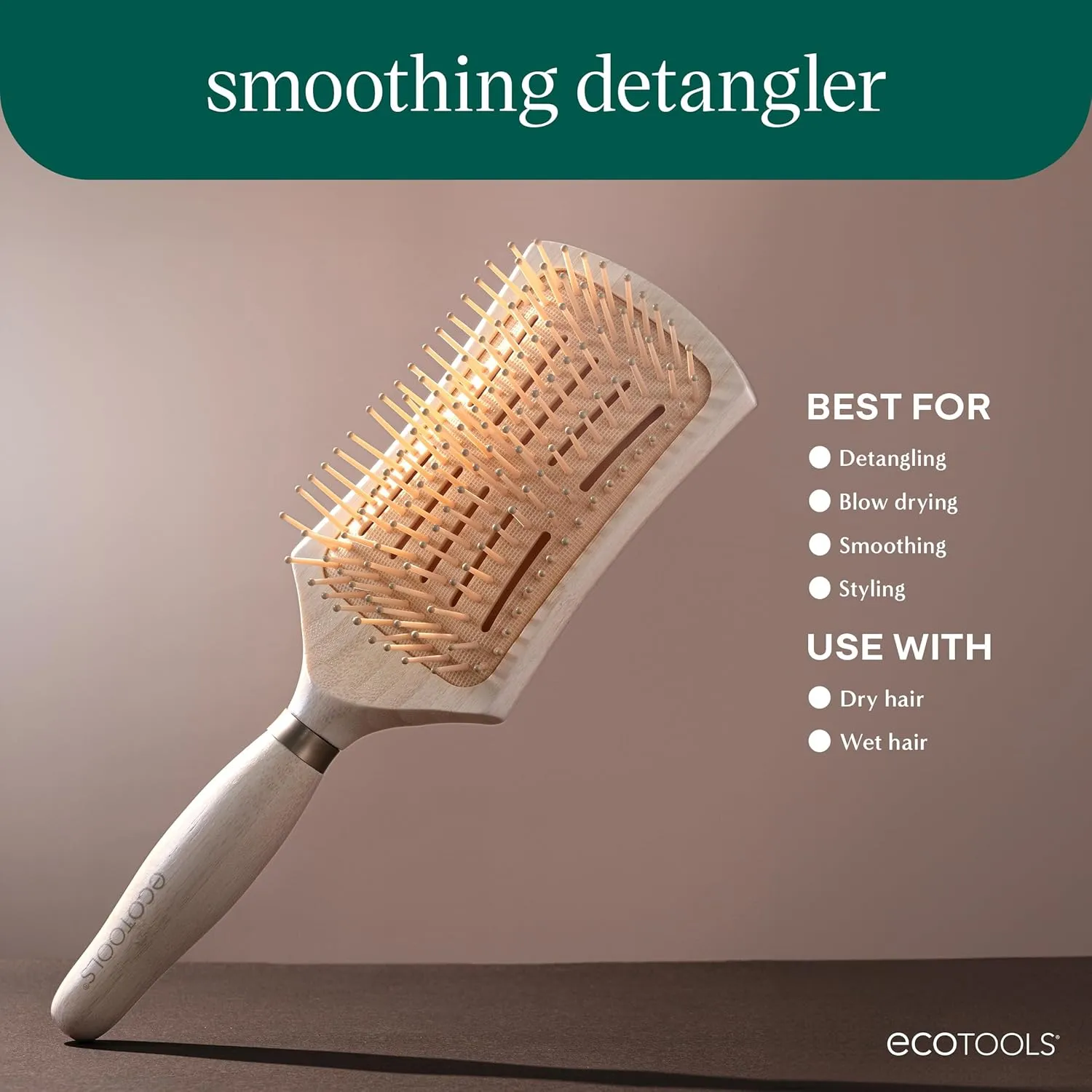 EcoTools Smoothing Detangler Hairbrush, Brush For Wet Or Dry Hair, Pain-Free Detangling, Style & Smooth Hair, Heat Resistant Brush, Renewable Bamboo & Flexible Bristles, Vegan & Cruelty-Free, 1 Count