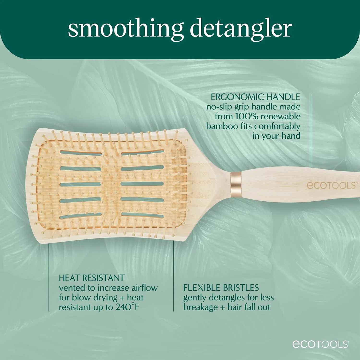 EcoTools Smoothing Detangler Hairbrush, Brush For Wet Or Dry Hair, Pain-Free Detangling, Style & Smooth Hair, Heat Resistant Brush, Renewable Bamboo & Flexible Bristles, Vegan & Cruelty-Free, 1 Count