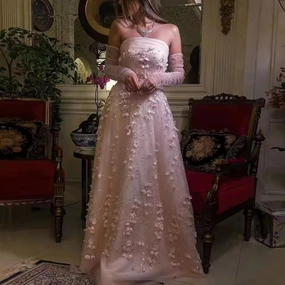 Elegant Blush Pink 3D Flowers Strapless Evening Dress SS344