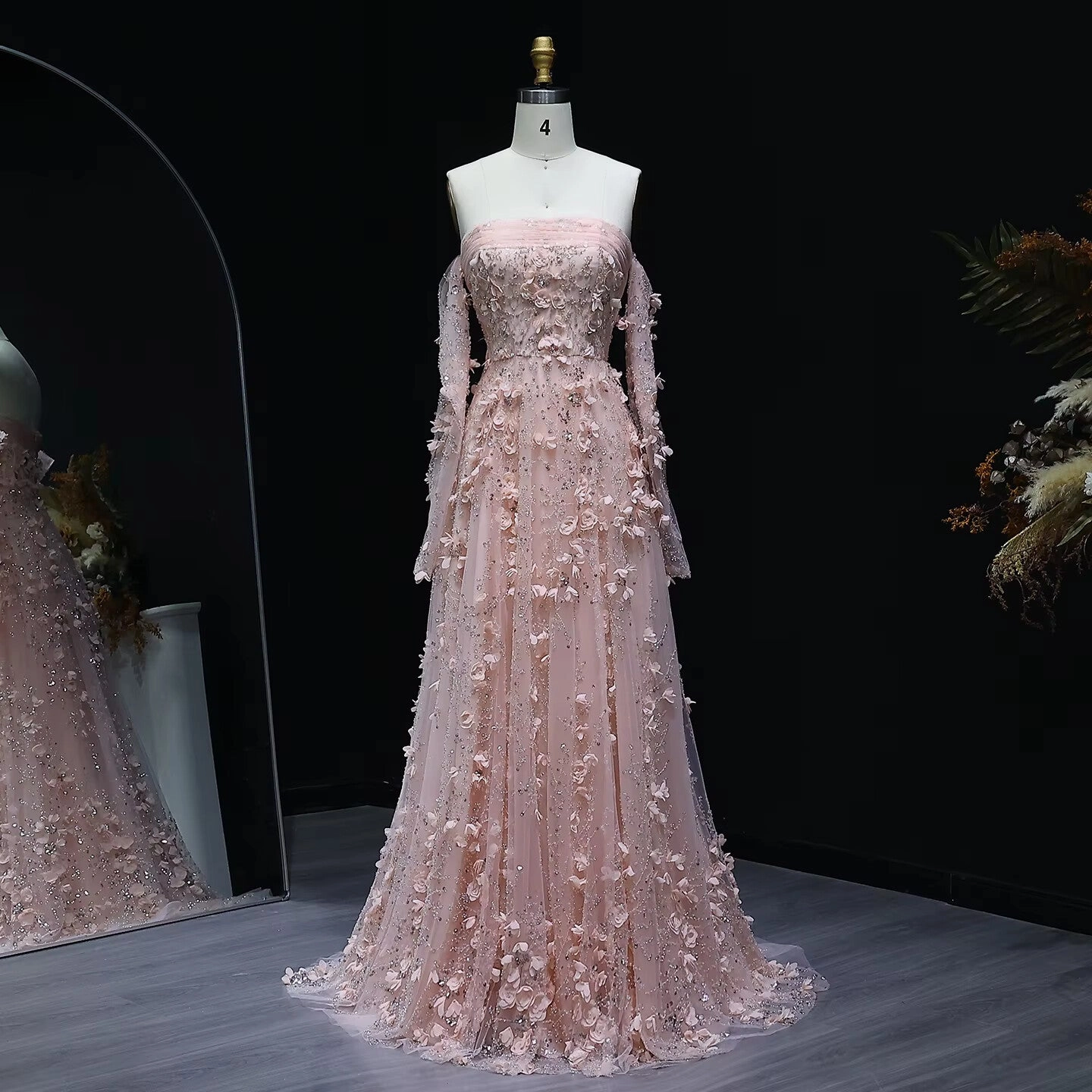 Elegant Blush Pink 3D Flowers Strapless Evening Dress SS344