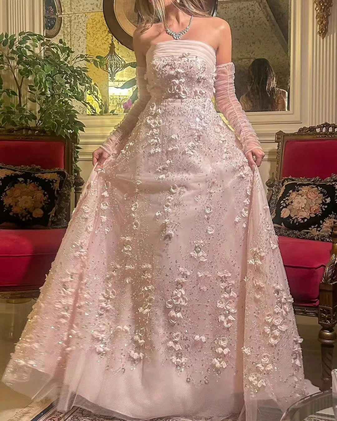 Elegant Blush Pink 3D Flowers Strapless Evening Dress SS344