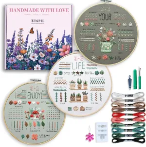ETSPIL Embroidery Kit for Beginners & Adult, 3-Pack 33-Stitch Floral Samplers, Pre-Stamped Designs, 7.8-Inch Hoop, Threads, Needles, Storage Bag, Guide & Video, DIY Craft Gift for Women