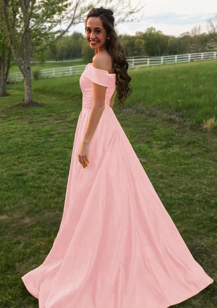 Evella | A Line Yellow Off The Shoulder Satin Prom Dress With Pockets
