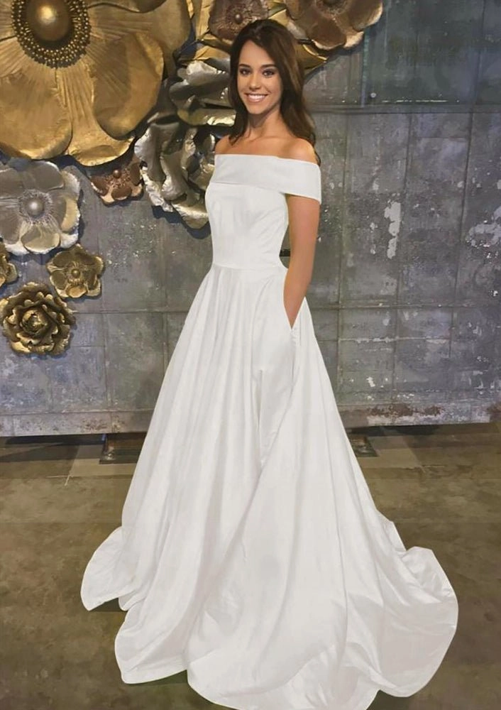Evella | A Line Yellow Off The Shoulder Satin Prom Dress With Pockets