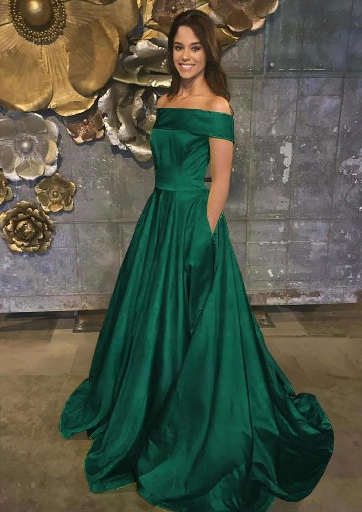 Evella | A Line Yellow Off The Shoulder Satin Prom Dress With Pockets