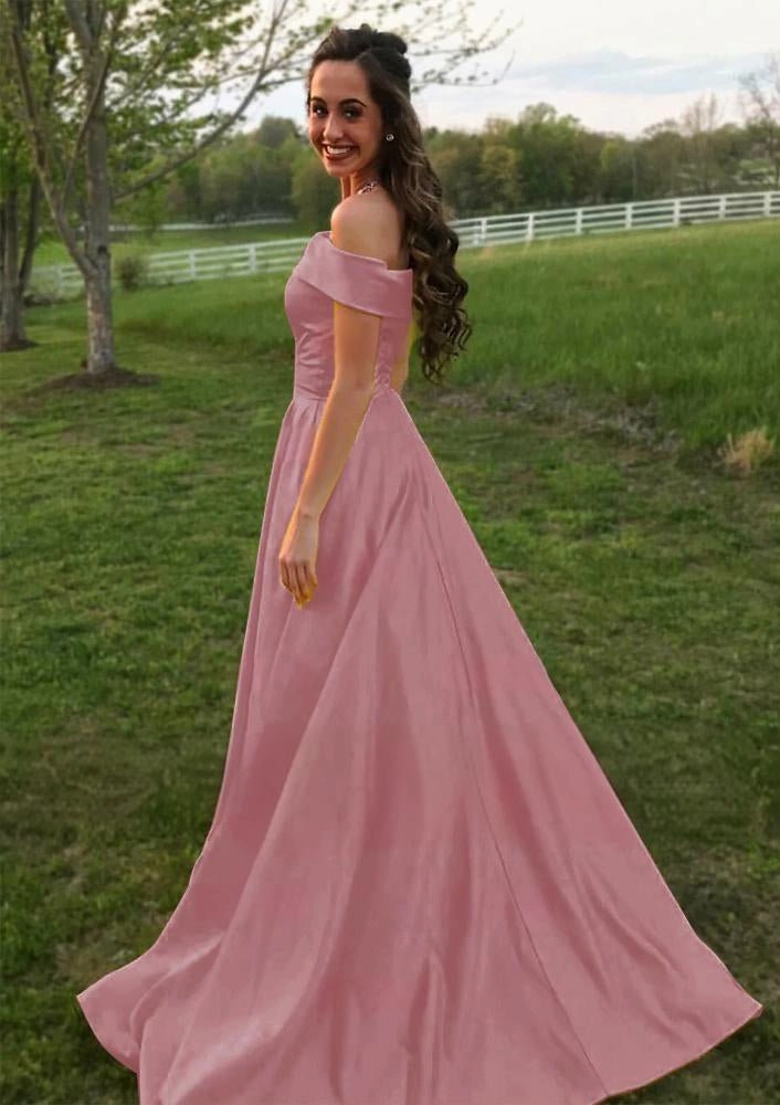 Evella | A Line Yellow Off The Shoulder Satin Prom Dress With Pockets