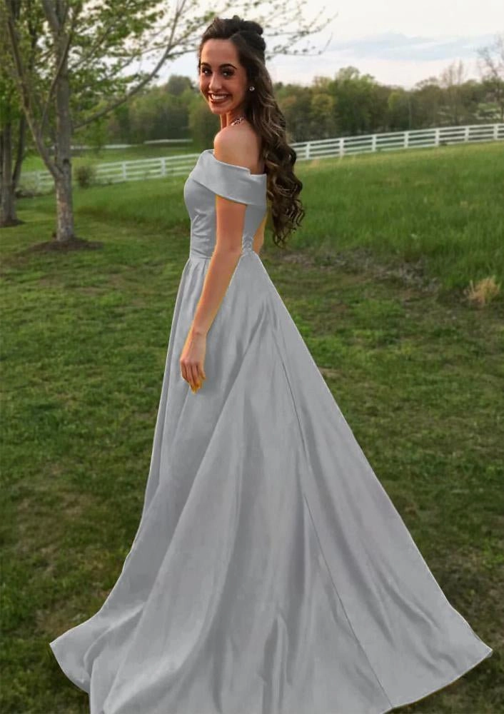 Evella | A Line Yellow Off The Shoulder Satin Prom Dress With Pockets