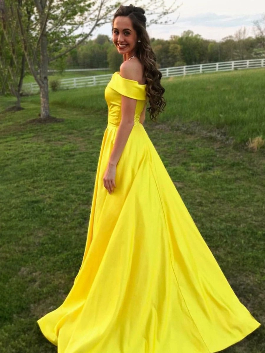 Evella | A Line Yellow Off The Shoulder Satin Prom Dress With Pockets