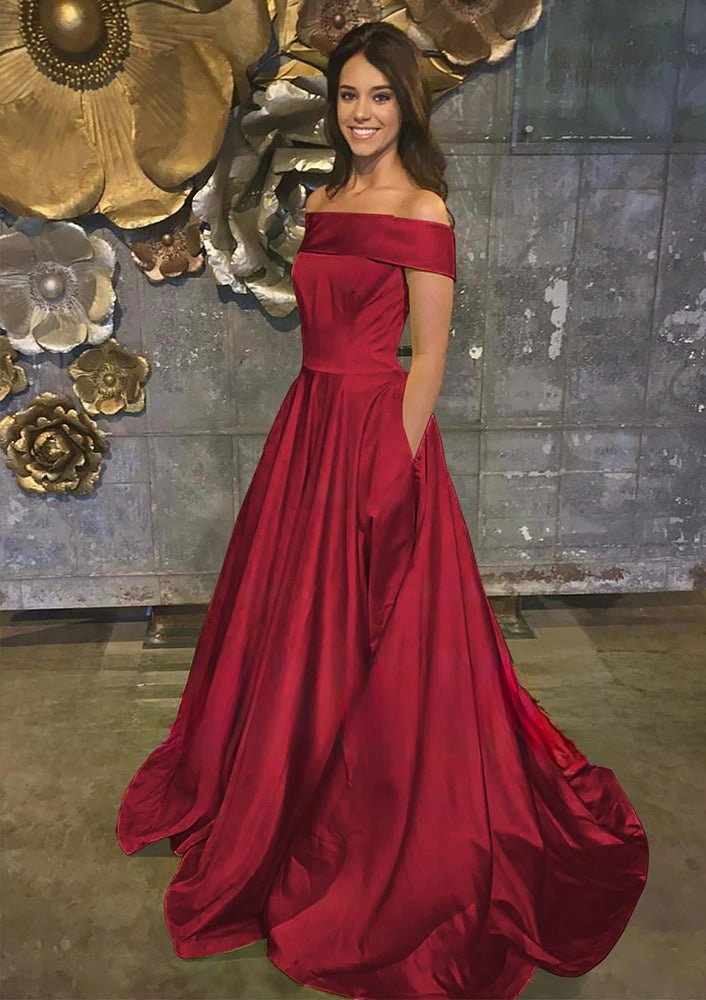 Evella | A Line Yellow Off The Shoulder Satin Prom Dress With Pockets