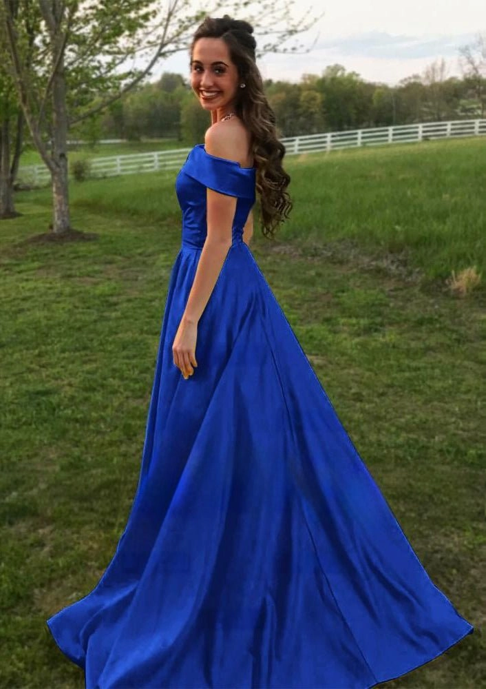 Evella | A Line Yellow Off The Shoulder Satin Prom Dress With Pockets