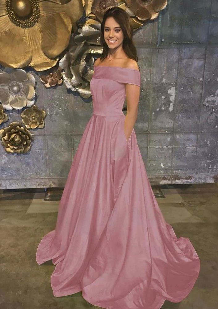 Evella | A Line Yellow Off The Shoulder Satin Prom Dress With Pockets