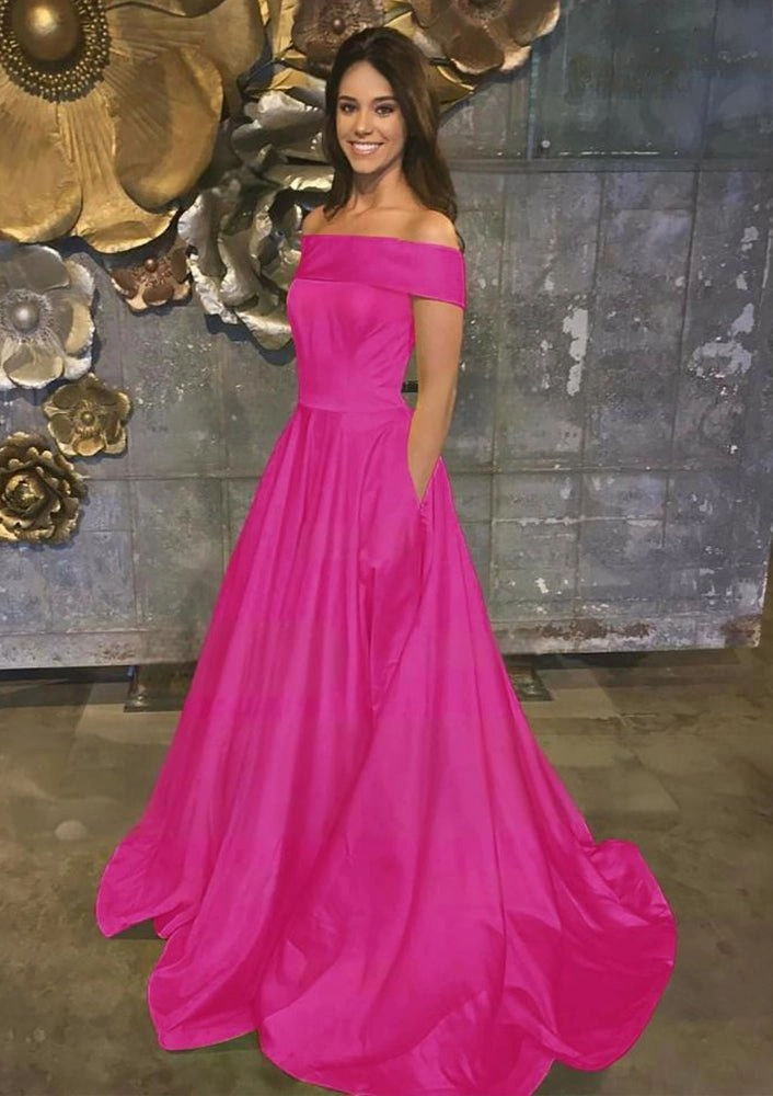 Evella | A Line Yellow Off The Shoulder Satin Prom Dress With Pockets