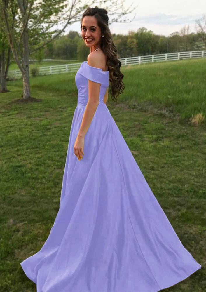 Evella | A Line Yellow Off The Shoulder Satin Prom Dress With Pockets
