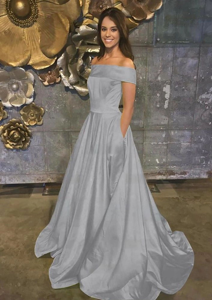 Evella | A Line Yellow Off The Shoulder Satin Prom Dress With Pockets