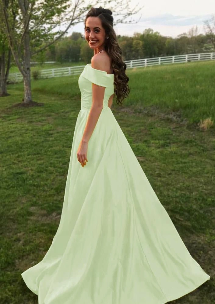 Evella | A Line Yellow Off The Shoulder Satin Prom Dress With Pockets