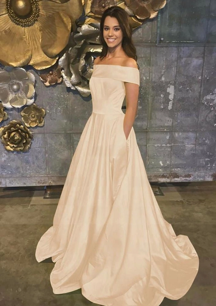 Evella | A Line Yellow Off The Shoulder Satin Prom Dress With Pockets