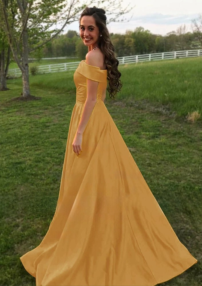 Evella | A Line Yellow Off The Shoulder Satin Prom Dress With Pockets