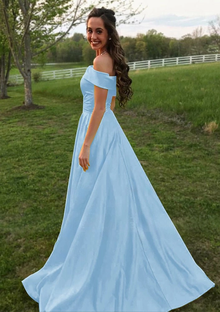 Evella | A Line Yellow Off The Shoulder Satin Prom Dress With Pockets