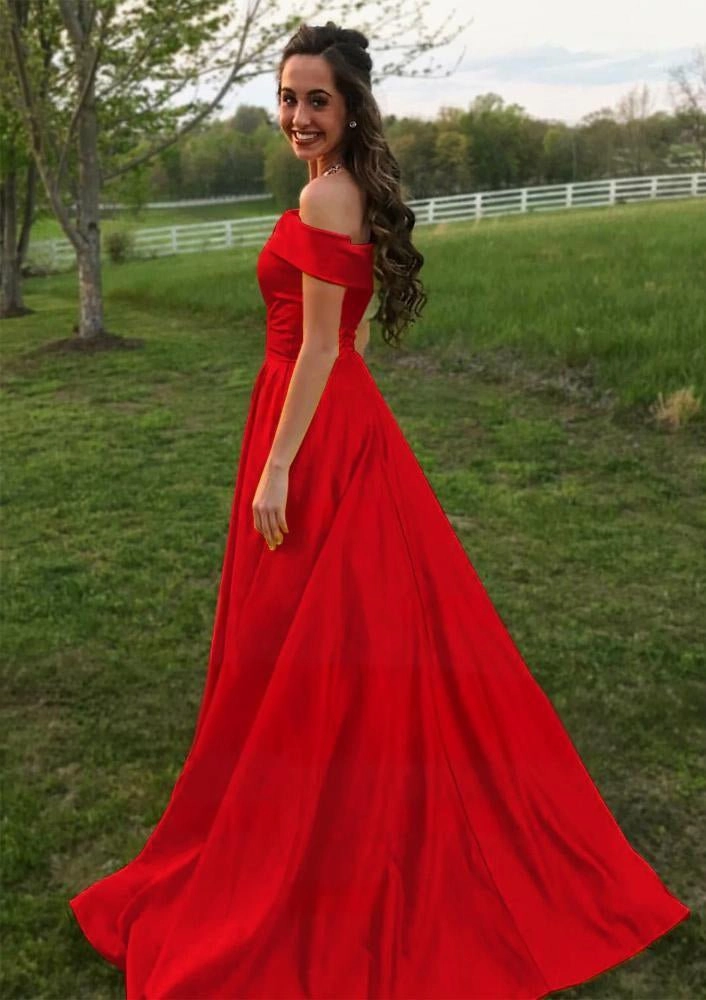 Evella | A Line Yellow Off The Shoulder Satin Prom Dress With Pockets