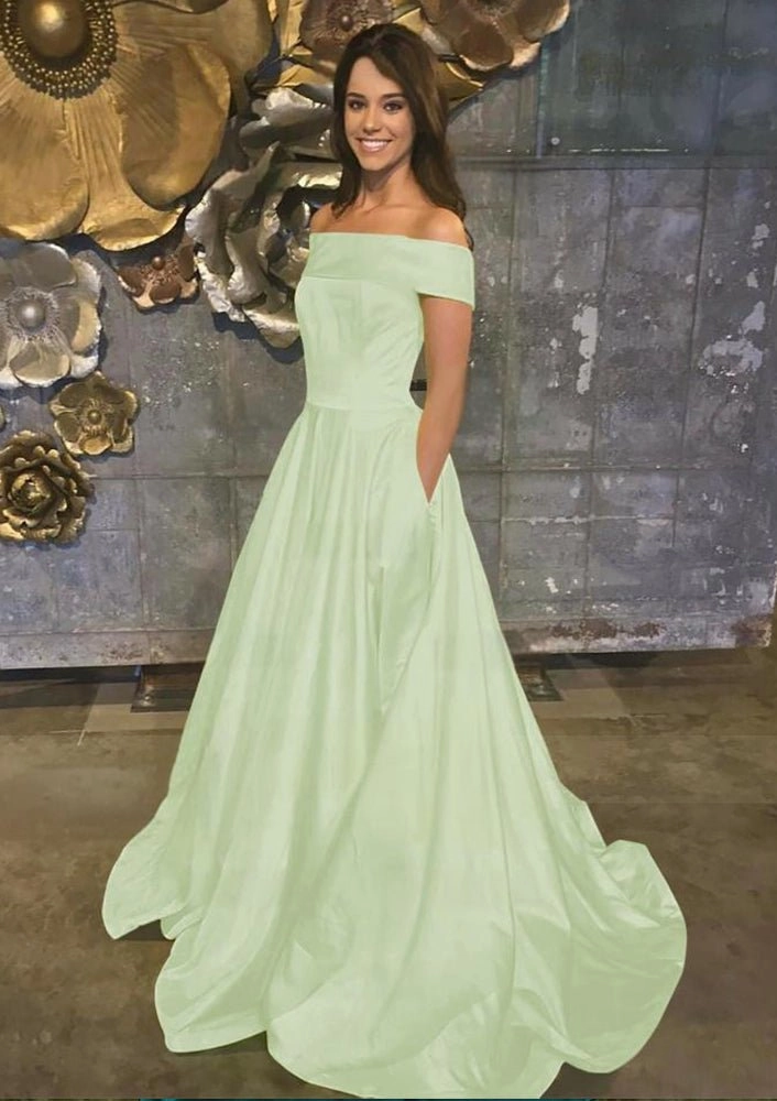 Evella | A Line Yellow Off The Shoulder Satin Prom Dress With Pockets
