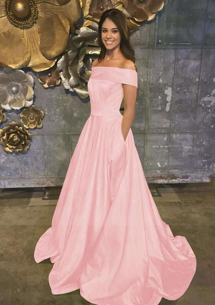 Evella | A Line Yellow Off The Shoulder Satin Prom Dress With Pockets