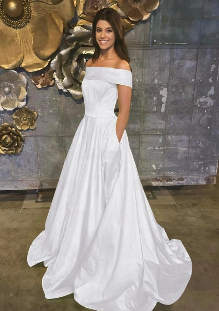Evella | A Line Yellow Off The Shoulder Satin Prom Dress With Pockets