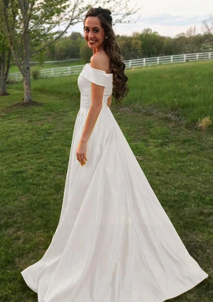 Evella | A Line Yellow Off The Shoulder Satin Prom Dress With Pockets