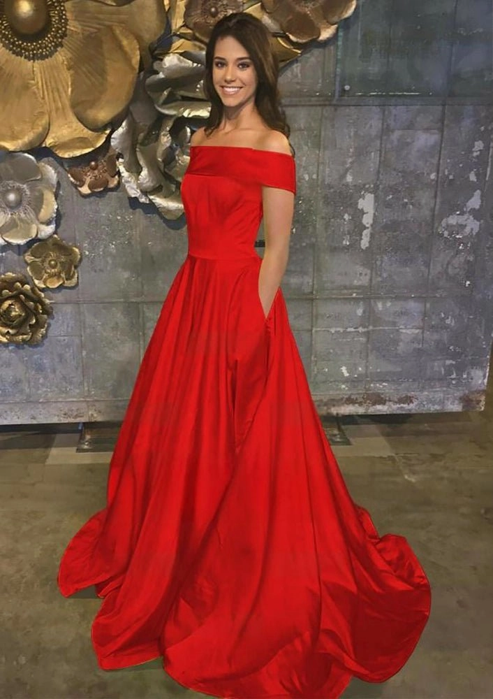 Evella | A Line Yellow Off The Shoulder Satin Prom Dress With Pockets