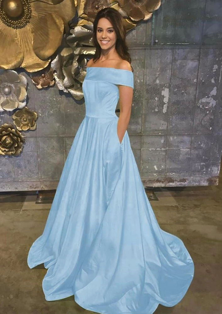 Evella | A Line Yellow Off The Shoulder Satin Prom Dress With Pockets