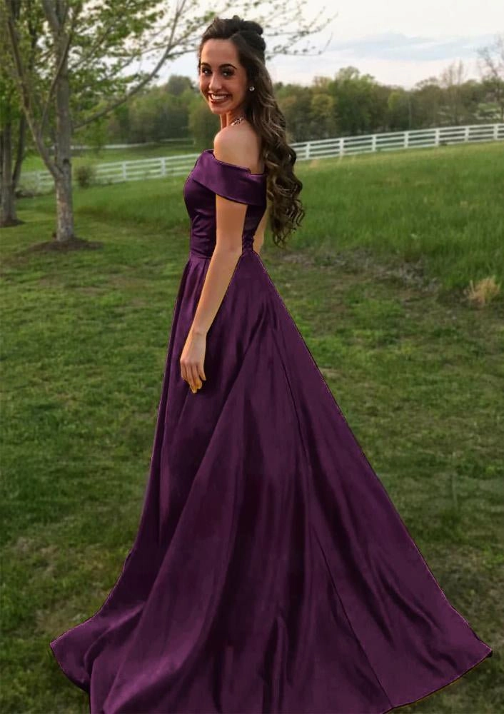 Evella | A Line Yellow Off The Shoulder Satin Prom Dress With Pockets