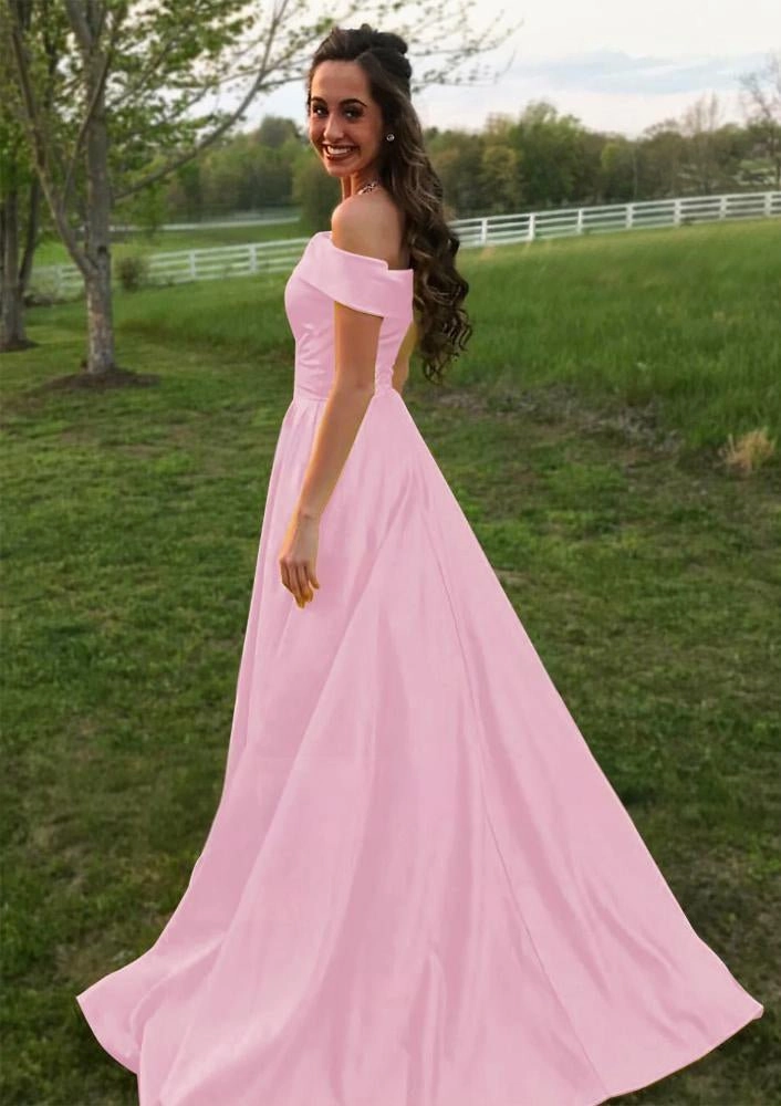 Evella | A Line Yellow Off The Shoulder Satin Prom Dress With Pockets