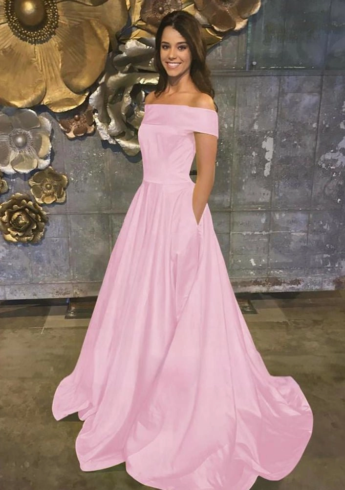 Evella | A Line Yellow Off The Shoulder Satin Prom Dress With Pockets