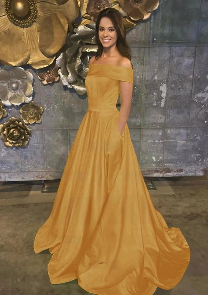 Evella | A Line Yellow Off The Shoulder Satin Prom Dress With Pockets