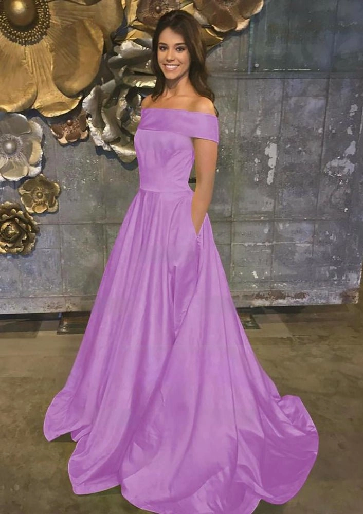 Evella | A Line Yellow Off The Shoulder Satin Prom Dress With Pockets
