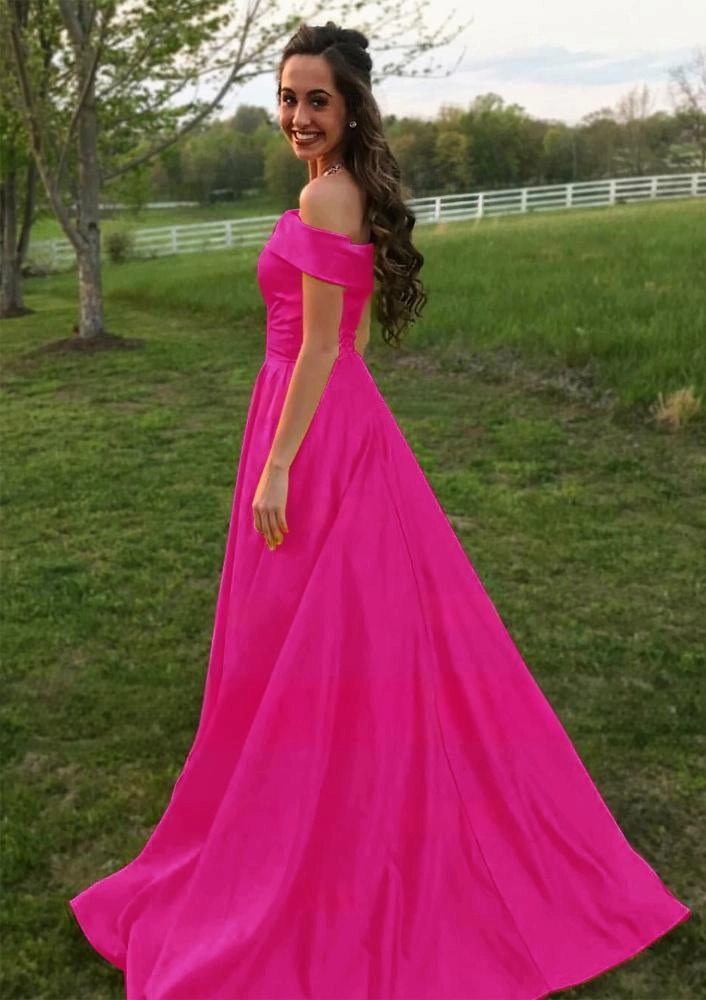 Evella | A Line Yellow Off The Shoulder Satin Prom Dress With Pockets