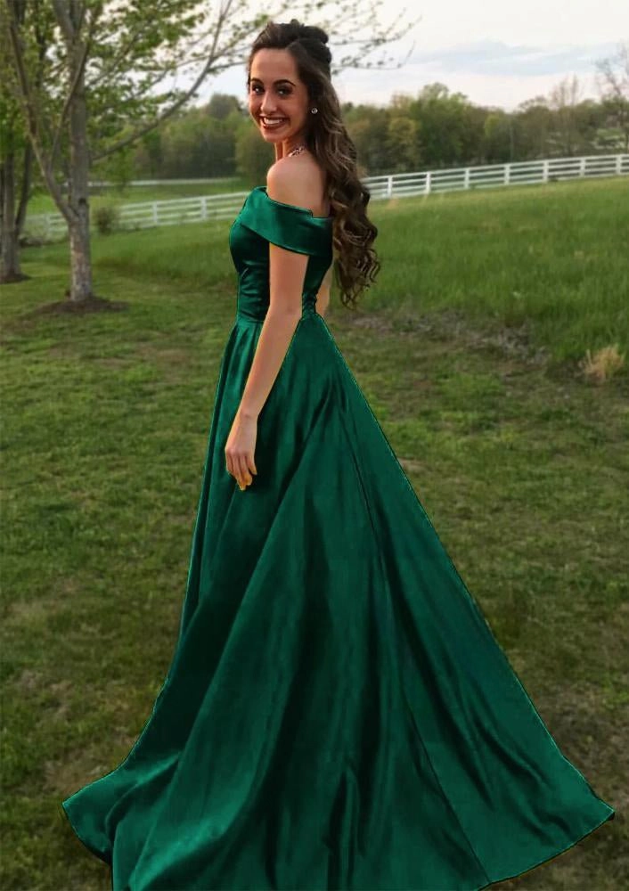 Evella | A Line Yellow Off The Shoulder Satin Prom Dress With Pockets