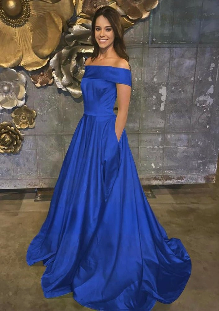 Evella | A Line Yellow Off The Shoulder Satin Prom Dress With Pockets