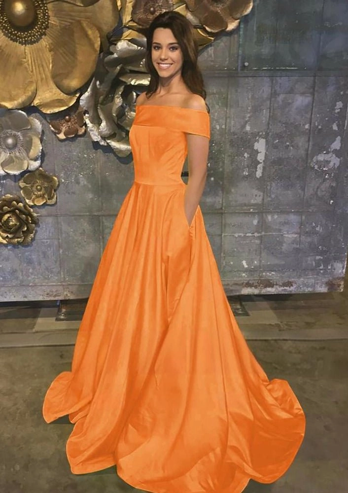 Evella | A Line Yellow Off The Shoulder Satin Prom Dress With Pockets