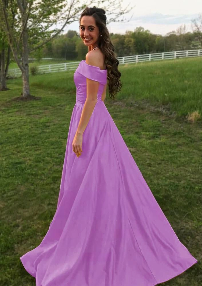Evella | A Line Yellow Off The Shoulder Satin Prom Dress With Pockets