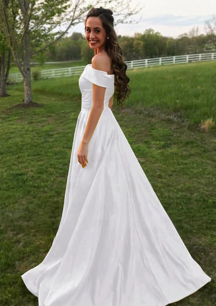 Evella | A Line Yellow Off The Shoulder Satin Prom Dress With Pockets