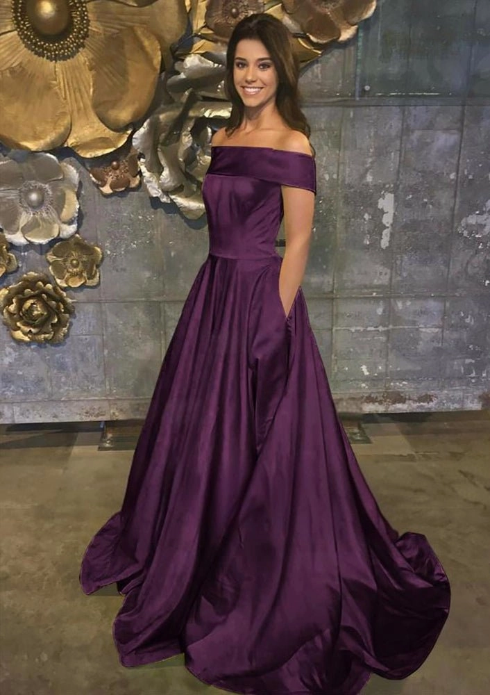Evella | A Line Yellow Off The Shoulder Satin Prom Dress With Pockets