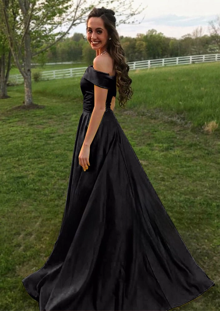 Evella | A Line Yellow Off The Shoulder Satin Prom Dress With Pockets
