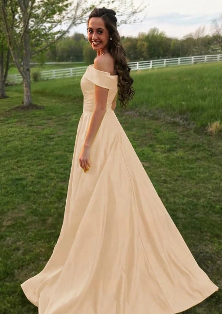 Evella | A Line Yellow Off The Shoulder Satin Prom Dress With Pockets