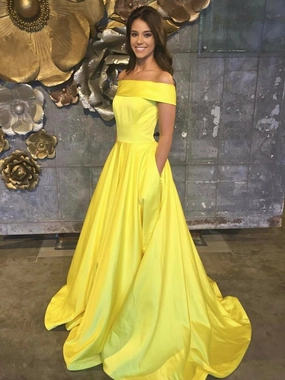 Evella | A Line Yellow Off The Shoulder Satin Prom Dress With Pockets