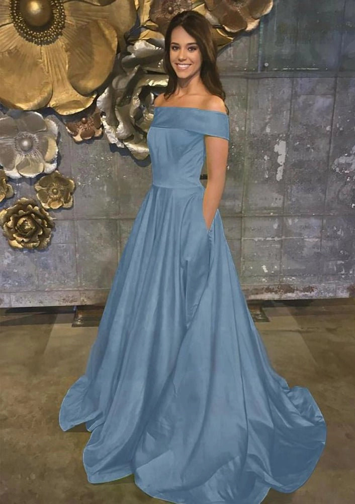 Evella | A Line Yellow Off The Shoulder Satin Prom Dress With Pockets
