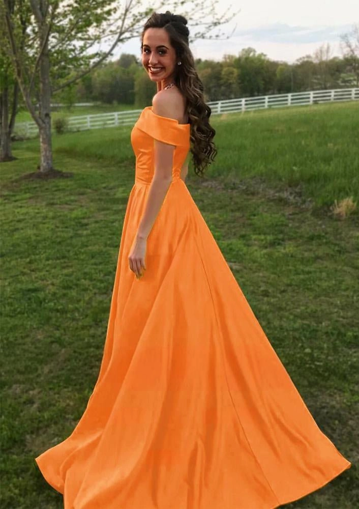 Evella | A Line Yellow Off The Shoulder Satin Prom Dress With Pockets